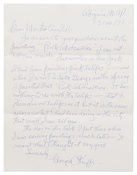 Georgia O'Keeffe Autograph Letter Signed Regarding Her Famous Painting, ''Pink Abstraction'' -- ''...I went to Lake George in the spring I painted that 'Pink Abstraction...''