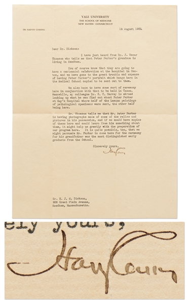 Harvey Cushing Letter Signed from 1935 Regarding a Centennial Celebration for Yale Medical School Graduate & Missionary Peter Parker