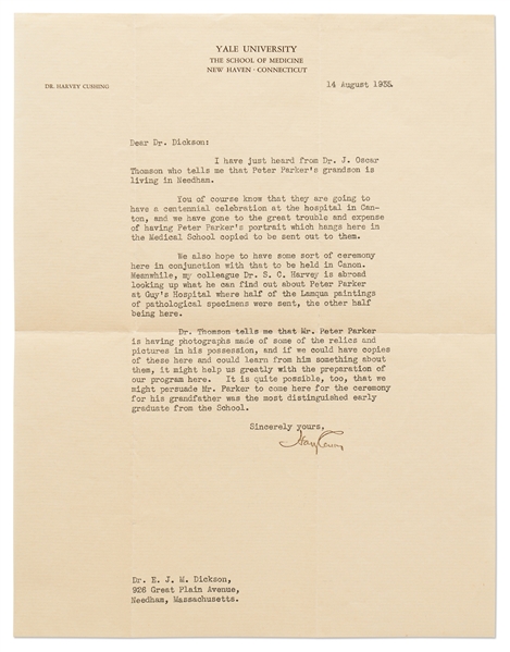 Harvey Cushing Letter Signed from 1935 Regarding a Centennial Celebration for Yale Medical School Graduate & Missionary Peter Parker