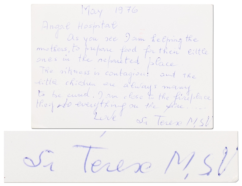 Mother Teresa Autograph Note Signed -- ''...I am helping the mothers, to prepare food for their little ones...''