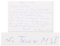 Mother Teresa Autograph Note Signed -- ...I am helping the mothers, to prepare food for their little ones...