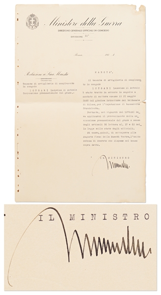 Benito Mussolini Document Signed as Prime Minster of Italy During World War II