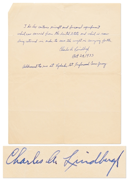 Charles Lindbergh Personally Owned Flight Cap & Headphones -- With Lindbergh Autograph Note Signed, Written to Himself in 1933, Documenting His Ownership -- With JSA COA