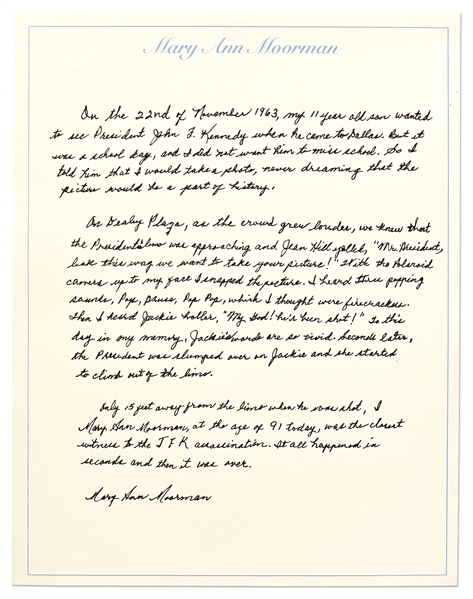 Autograph Essay Signed by Mary Ann Moorman, the Last Surviving Witness Who Captured John F. Kennedy's Assassination on Polaroid Film