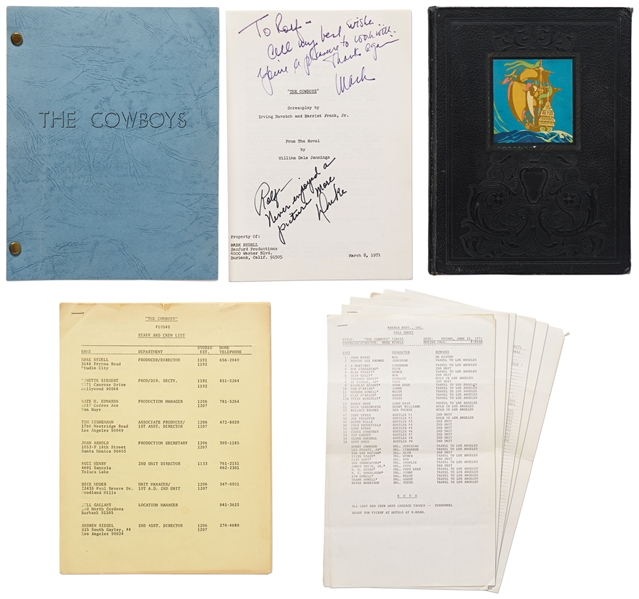 John Wayne Signed ''The Cowboys'' Script, John Wayne USC Yearbook & Numerous Call Sheets, Crew Lists, Etc. from ''The Cowboys''