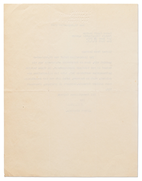 Albert Einstein Letter Signed, Writing to Jacob Landau Who Was Under Fire for His Leadership of the Jewish Telegraphic Agency -- ''...I am aware of the futility of such attempts to preach reason...''