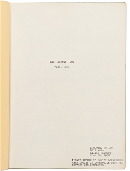 Disney ''The Shaggy Dog'' Original 1958 Movie Script -- From the Estate of ''Mary Poppins'' Screenwriter Bill Walsh