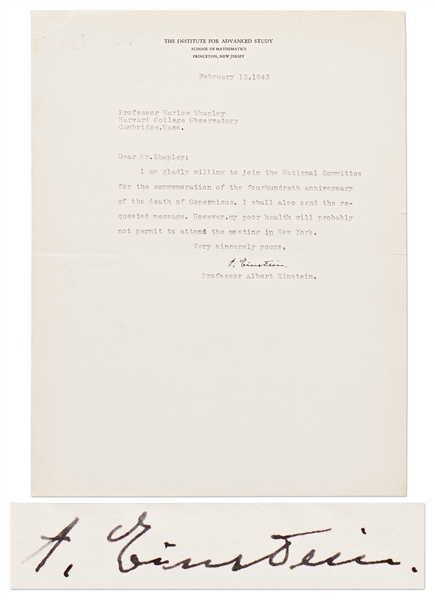 Albert Einstein Letter Signed from 1943 Regarding the Anniversary of Copernicus' Death