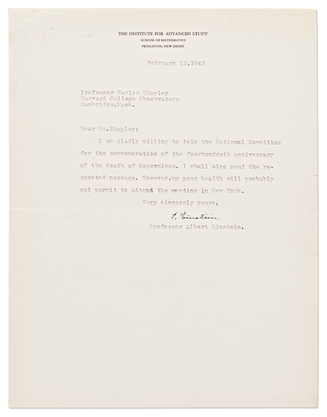 Albert Einstein Letter Signed from 1943 Regarding the Anniversary of Copernicus' Death