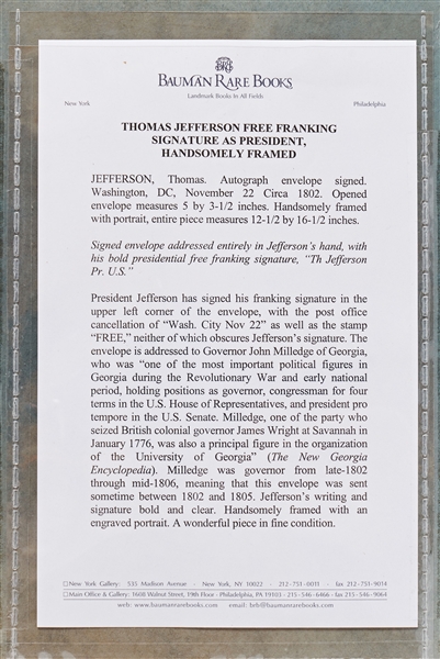 Thomas Jefferson Presidential Free Frank Signature on a Holograph Envelope Entirely in Jefferson's Hand -- Jefferson Addresses Cover to Georgia Governor John Milledge