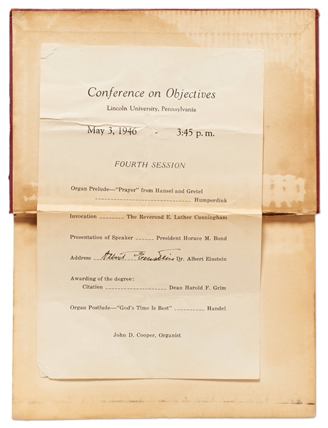Albert Einstein Signed Program from HBCU Lincoln University in 1946 When Einstein Was Famously Awarded an Honorary Degree at the Historically Black University