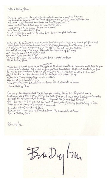 Bob Dylan Signed, Handwritten Lyrics to ''Like a Rolling Stone'', The Quintessential Rock Song -- With Jeff Rosen COA