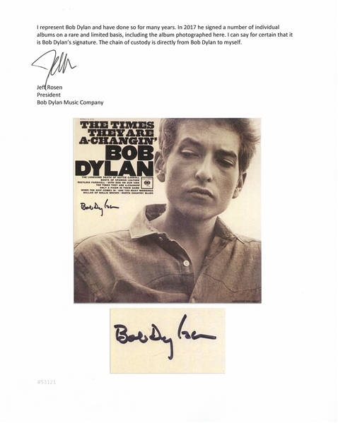 Bob Dylan Signed Album ''The Times They Are A-Changin''' -- With Jeff Rosen COA