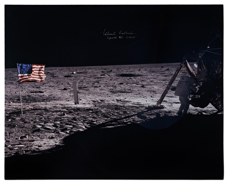 Michael Collins Signed 20'' x 16'' Photo of the Only Photo of Neil Armstrong on the Moon, Capturing Both Armstrong and the United States Flag