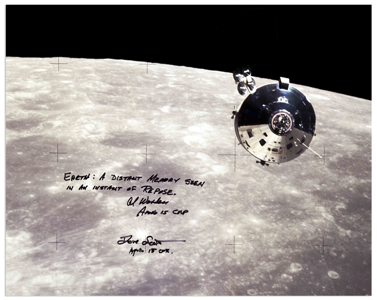 Al Worden & Dave Scott Signed 20'' x 16'' Photo of the Apollo 15 Command Module Against the Moon -- Worden Additionally Writes ''EARTH: A distant memory seen in an instant of repose''