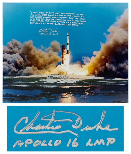 Charlie Duke Signed 20'' x 16'' Photo of the Apollo 16 Rocket Launch -- With a Handwritten Recollection: ''...that jewel of Earth was just hung up in the blackness of space!...''