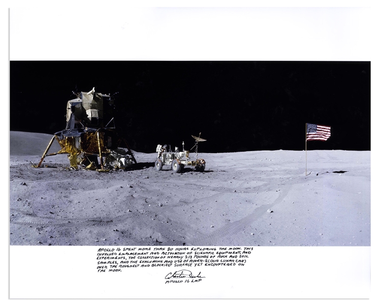 Charlie Duke Signed 20'' x 16'' Photo of the U.S. Flag Raised on the Lunar Surface -- With a Handwritten Inscription by Duke About the Apollo 16 Mission