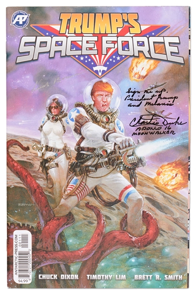 Apollo Astronauts Charlie Duke and Frank Borman Signed Copy of ''Trump's Space Force'' -- Duke Writes ''Sign me up President Trump and Melania''