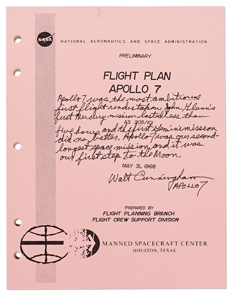 Walt Cunningham Signed Copy of the Apollo 7 Flight Plan -- Also With His Handwritten Reflections on the Mission ''...Apollo 7 was our first step to the Moon...''