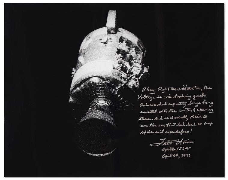 Fred Haise Signed 20'' x 16'' Photo of Apollo 13's Damaged Service Module -- ''...And we had a pretty large bang...''