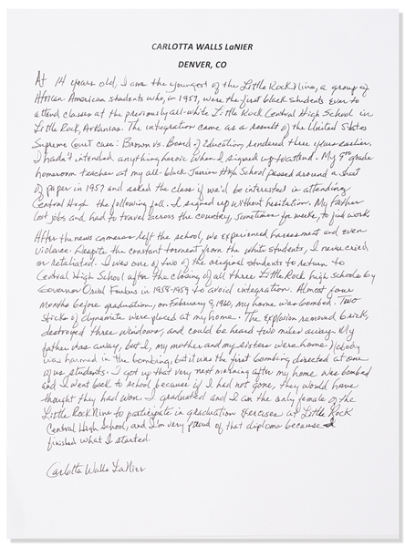 Carlotta LaNier, the Youngest of the ''Little Rock Nine'' Autograph Essay Signed -- ''...After the news cameras left...we experienced routine harassment and even violence...my home was bombed...''