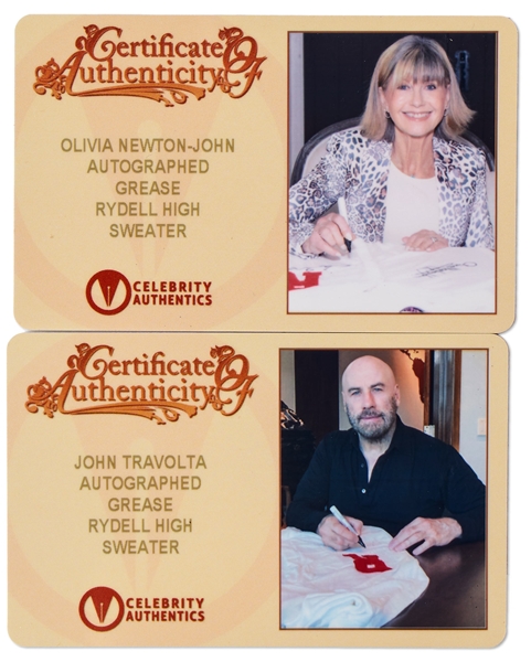 Rydell Sweater From ''Grease'' Signed by John Travolta and Olivia Newton-John