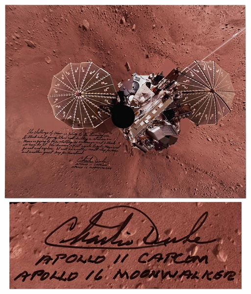 Apollo 16 Moonwalker Charlie Duke Signed 20'' x 16'' Photo of the Phoenix Lander on Mars -- ''The human spirit wants to go to Mars...another small step for man and another giant leap for mankind.''