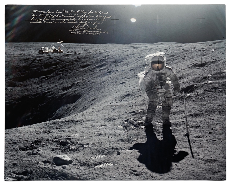Charlie Duke Signed 20'' x 16'' Lunar Photo -- ''It may have been 'one small step' for Neil...I was just happy that we successfully landed our lunar module 'Orion'...''