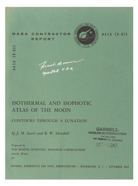 Apollo 8 Astronaut Frank Borman Signed 1967 NASA Contractor Report for an Atlas of the Moon