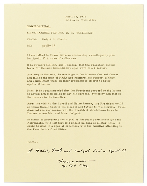 Frank Borman Signed Memo Describing the Presidential Contingency Plan for Apollo 13 -- Borman Writes, ''If Haise, Lovell and Swigert died on Apollo 13'' -- With Novaspace COA