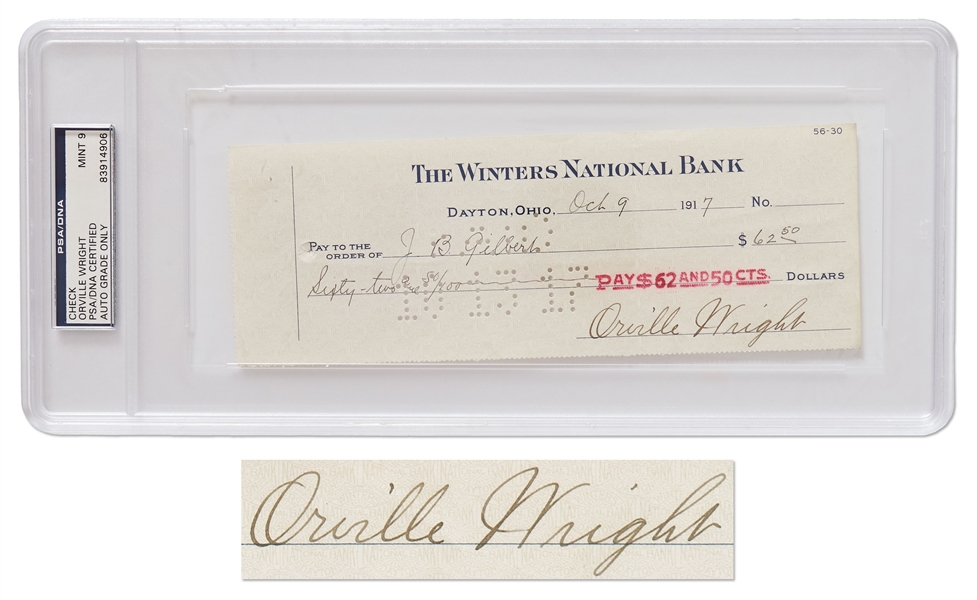 Orville Wright Check Signed -- Encapsulated by PSA/DNA with Signature Graded 9 Mint