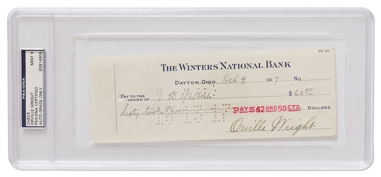 Orville Wright Check Signed -- Encapsulated by PSA/DNA with Signature Graded 9 Mint