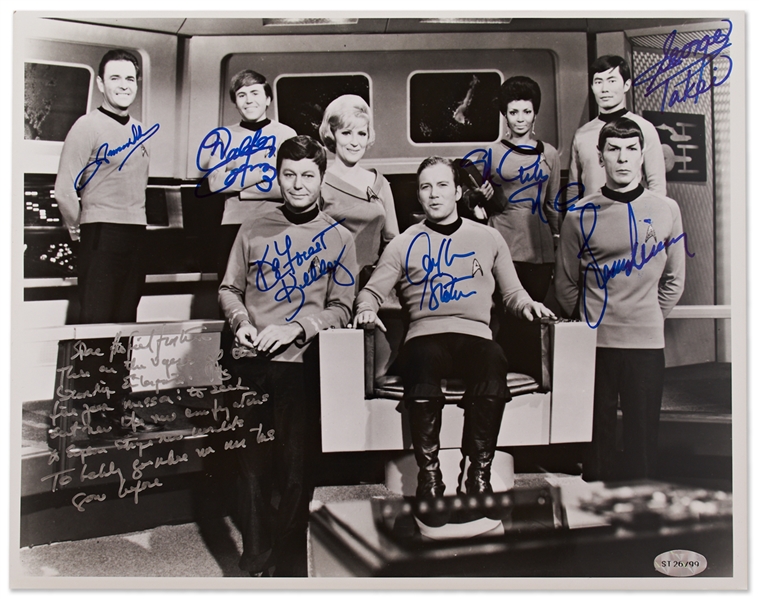 Star Trek Cast-Signed 14'' x 11'' Photo -- With William Shatner Additionally Handwriting the Famous Opening Sequence