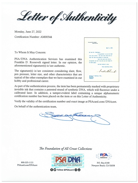 Franklin D. Roosevelt Letter Signed as President -- With PSA/DNA COA