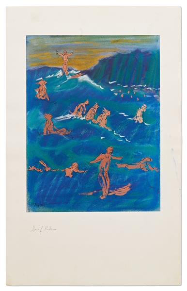 Bernard Krigstein Signed Illustration, Entitled ''Surf Riders'' Done for a Hawaii Magazine Series -- Large Illustration Measures 10.5'' x 13.75''