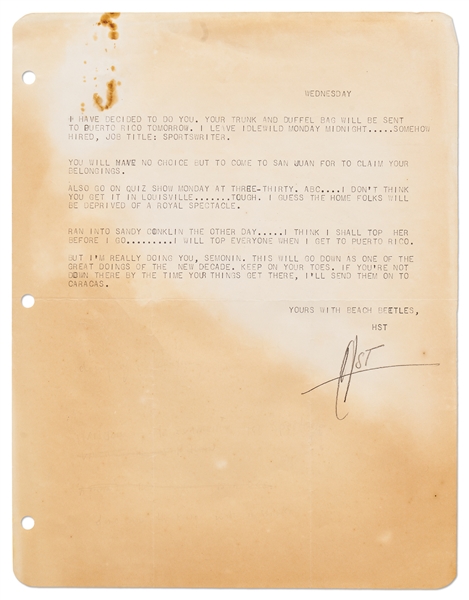 Hunter Thompson Letter Signed From 1959, Writing He'll Be on a ''quiz show Monday'' -- Thompson Also Mentions Running Into His Future Wife, Writing ''I think I shall top her''