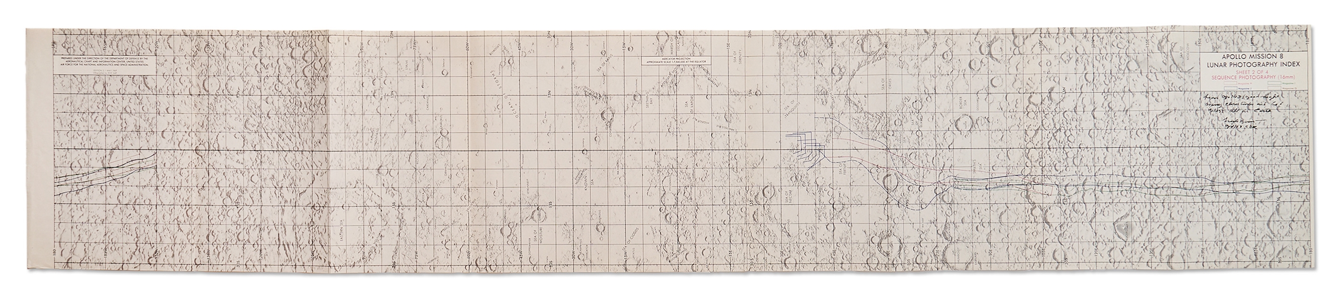 Frank Borman Signed Apollo 8 Map -- Borman Also Writes His Historic Words From the 1968 Christmas Eve Broadcast