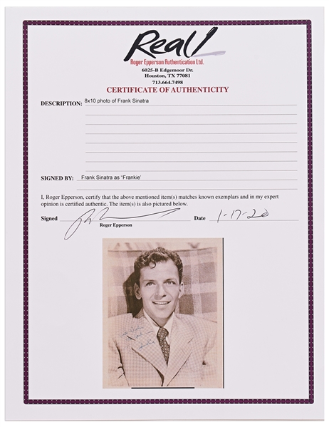 Frank Sinatra Signed 8'' x 10'' Photo -- Encapsulated by PSA/DNA as Type I Photo, Circa 1940s -- Also With Roger Epperson COA