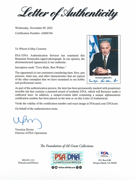 Benjamin Netanyahu Signed 8'' x 11.25'' Signed Photo -- With PSA/DNA COA