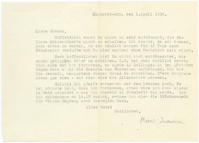 Carl Jung Letter Signed from 1950 -- ''...Nothing is better for boosting morale than being able to do something useful...''