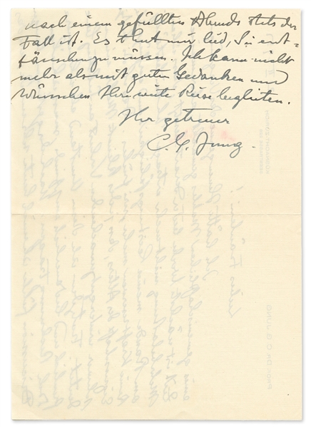 Carl Jung Autograph Letter Signed on Aging -- ''...I am constantly near the limit of my capacity and do not have the energy reserves that I used to have. It is the cunning feature of old age...''