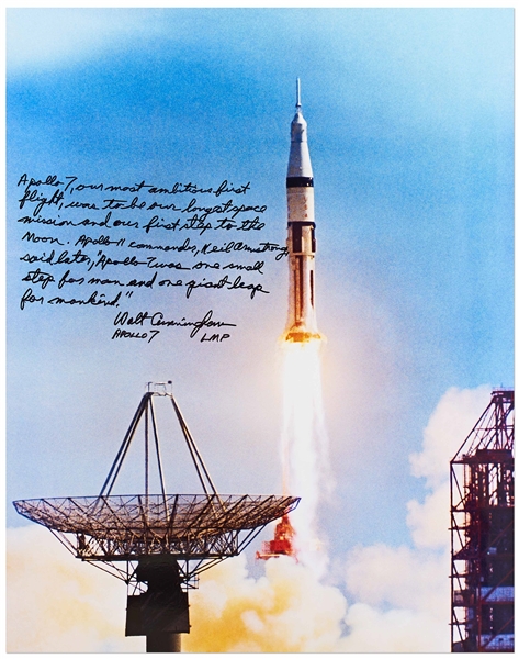 Walter Cunningham Signed 16'' x 20'' Photo of the Apollo 7 Liftoff -- ''...our first step to the Moon...''