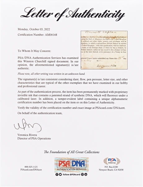 Winston Churchill Naturalization Document Signed as Home Secretary -- With PSA/DNA COA