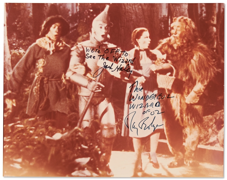 Ray Bolger & Jack Haley Signed 10'' x 8'' Photo, with Bolger Writing ''The Wonderful Wizard of Oz'' -- With PSA/DNA COA