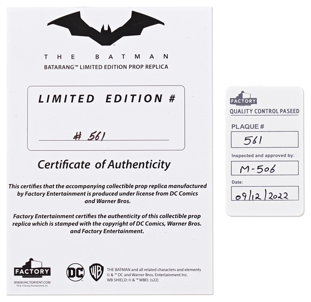 Robert Pattinson Signed Limited Edition Batman Batarang -- From Pattinson's Portrayal of the Iconic Superhero in ''The Batman''