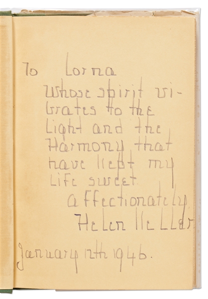 Helen Keller Signed Copy of Her Book, ''Let Us Have Faith'' -- Keller Writes: ''...Whose spirit vibrates to the light and the harmony that have kept my life sweet...''