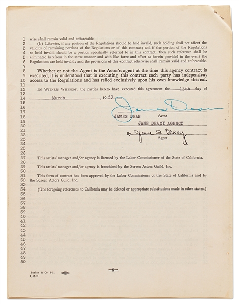 James Dean Signed Agency Contract from March 1953 with Jane Deacy -- Dean Also Initials First Page of Contract