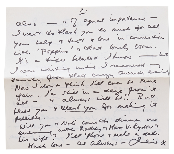 Julie Andrews Autograph Letter Signed to ''Mary Poppins'' Producer Bill Walsh -- ''...thank you so much for...'Poppins' & that lovely Oscar...I'm still in a daze from it all...''