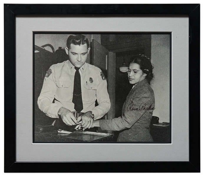 Rosa Parks Signed 10'' x 8'' Photo of Her Being Booked After Her Arrest -- With JSA COA