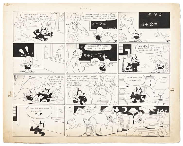 Original ''Felix the Cat'' Sunday Strip from 1933 by Otto Messmer -- Felix Cutely Outwits the Mother of a Child Who Might Adopt Him